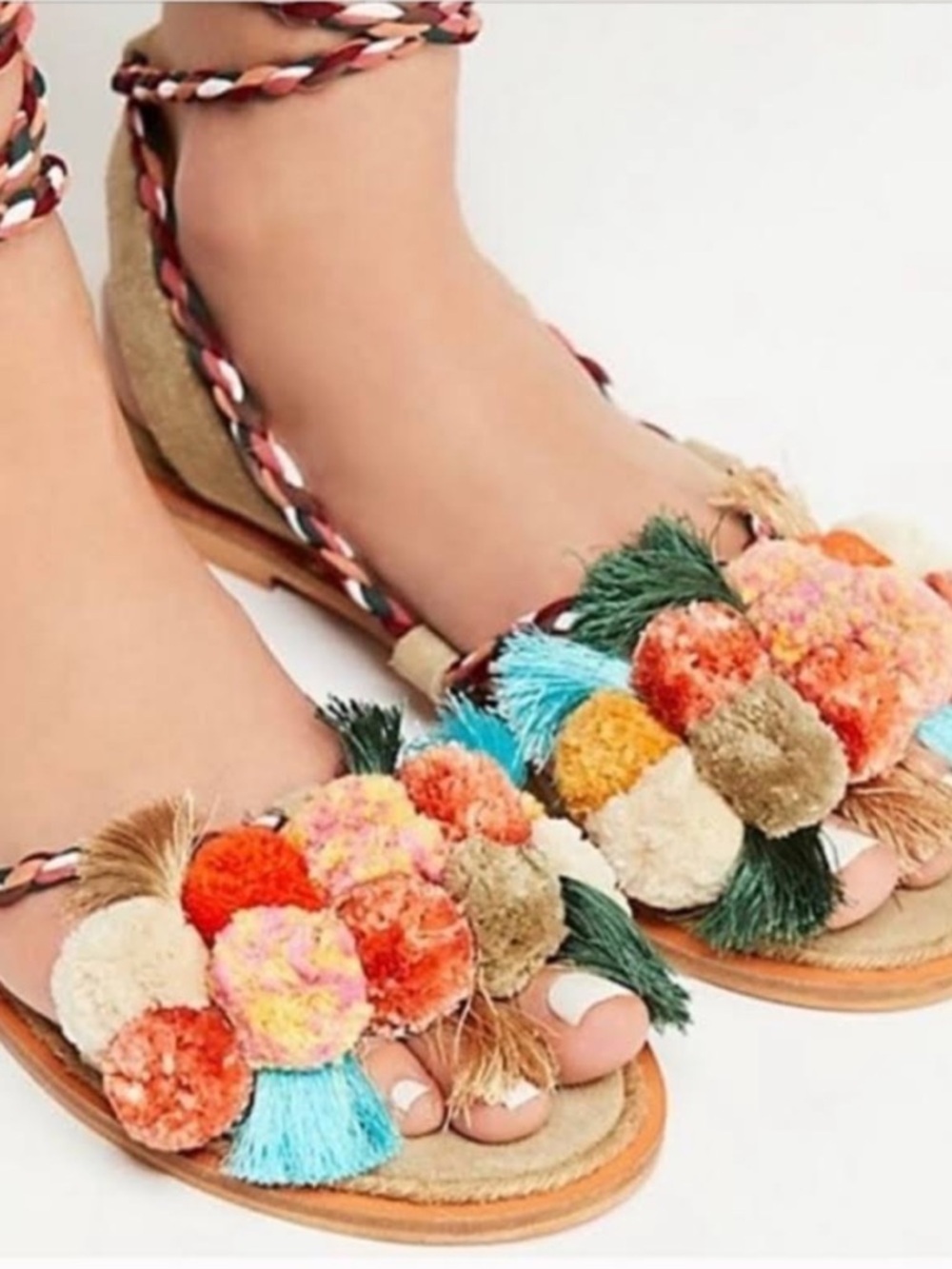 NWOB Free People Multicolor Pom-Pom Wrap Lace-Up Sandals - Picture 13 of 13